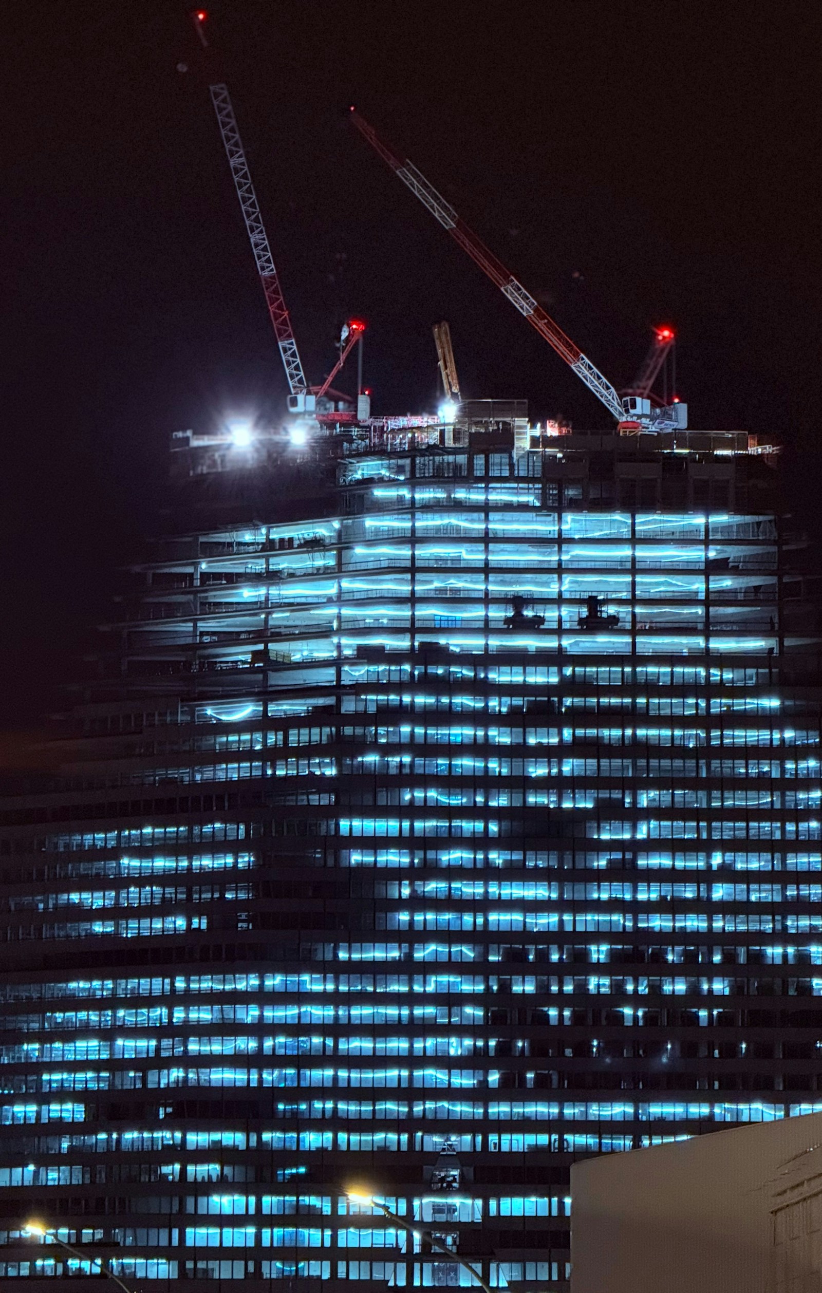 Construction cranes illuminated at night over a building
